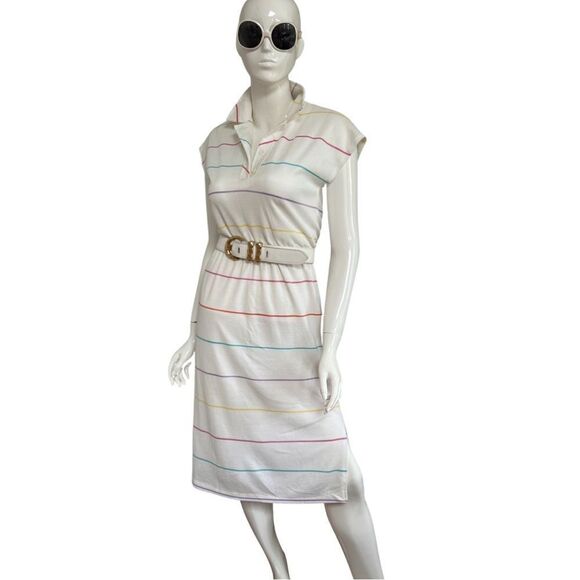 Vintage 1970s Handmade One of a Kind Rainbow Stripe Cinch Waist Polo Midi Dress - Picture 8 of 15